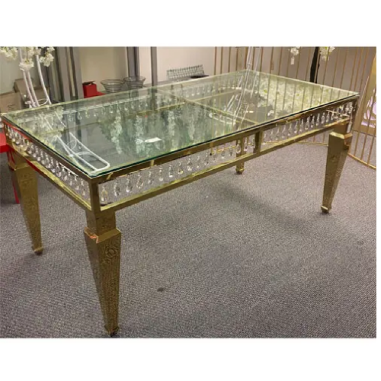 6ft Crystal Pendant Gold Table with Clear   Glass Tabletop